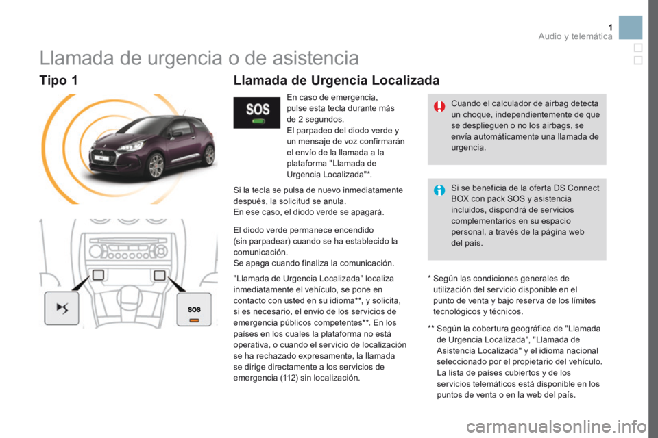 CITROEN DS3 2017 Manuales de Empleo (in Spanish) 1
Llamada de urgencia o de asistencia
En caso de emergencia,
pulse esta tecla durante más
de 2 segundos.
El parpadeo del diodo verde y
un mensaje de voz confirmarán
el envío de la llamada a l CITROEN DS3 2017 Manuales de Empleo (in Spanish) 1
Llamada de urgencia o de asistencia
En caso de emergencia,
pulse esta tecla durante más
de 2 segundos.
El parpadeo del diodo verde y
un mensaje de voz confirmarán
el envío de la llamada a l