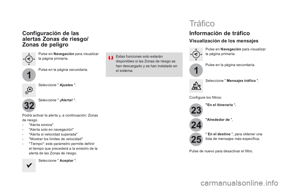 CITROEN DS3 2017 Manuales de Empleo (in Spanish) 11
23
24
25
32
Configuración de las
alertas Zonas de riesgo/
Zonas de peligro
Pulse en Navegación para visualizar
la página primaria.
Pulse en la página secundaria.
Seleccione " Ajustes CITROEN DS3 2017 Manuales de Empleo (in Spanish) 11
23
24
25
32
Configuración de las
alertas Zonas de riesgo/
Zonas de peligro
Pulse en Navegación para visualizar
la página primaria.
Pulse en la página secundaria.
Seleccione " Ajustes