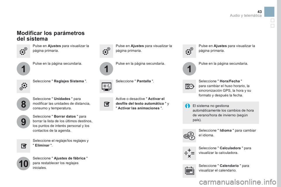 CITROEN DS3 2017 Manuales de Empleo (in Spanish) 111
8
9
10
43
Pulse en Ajustes para visualizar la
página primaria. Pulse en Ajustes
para visualizar la
página primaria.
Pulse en Ajustes
para visualizar la
página primaria.
Pulse en la página CITROEN DS3 2017 Manuales de Empleo (in Spanish) 111
8
9
10
43
Pulse en Ajustes para visualizar la
página primaria. Pulse en Ajustes
para visualizar la
página primaria.
Pulse en Ajustes
para visualizar la
página primaria.
Pulse en la página