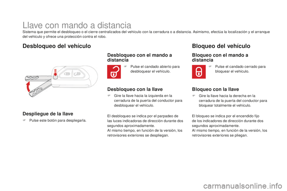 CITROEN DS3 2017 Manuales de Empleo (in Spanish) DS3_es_Chap02_ouvertures_ed02-2015
Llave con mando a distanciaSistema que permite el desbloqueo o el cierre centralizados del vehículo con la cerradura o a distancia. Asimismo, efectúa la localizaci CITROEN DS3 2017 Manuales de Empleo (in Spanish) DS3_es_Chap02_ouvertures_ed02-2015
Llave con mando a distanciaSistema que permite el desbloqueo o el cierre centralizados del vehículo con la cerradura o a distancia. Asimismo, efectúa la localizaci