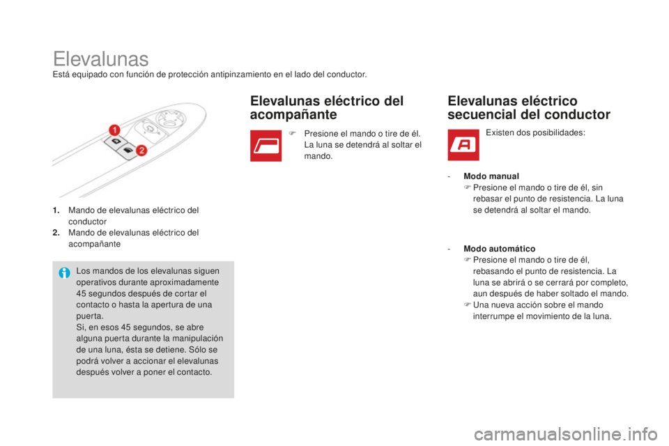 CITROEN DS3 2017 Manuales de Empleo (in Spanish) DS3_es_Chap02_ouvertures_ed02-2015
1. Mando de elevalunas eléctrico del conductor
2.
M
ando de elevalunas eléctrico del
acompañante
ElevalunasEstá equipado con función de protección antipinza CITROEN DS3 2017 Manuales de Empleo (in Spanish) DS3_es_Chap02_ouvertures_ed02-2015
1. Mando de elevalunas eléctrico del conductor
2.
M
ando de elevalunas eléctrico del
acompañante
ElevalunasEstá equipado con función de protección antipinza