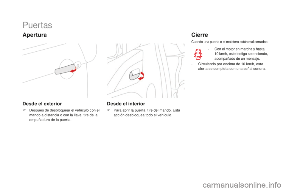 CITROEN DS3 2017  Manuales de Empleo (in Spanish) DS3_es_Chap02_ouvertures_ed02-2015
Puertas
Apertura
Desde el exterior
F Después de desbloquear el vehículo con el mando a distancia o con la llave, tire de la 
empuñadura de la puerta.
Desde el int