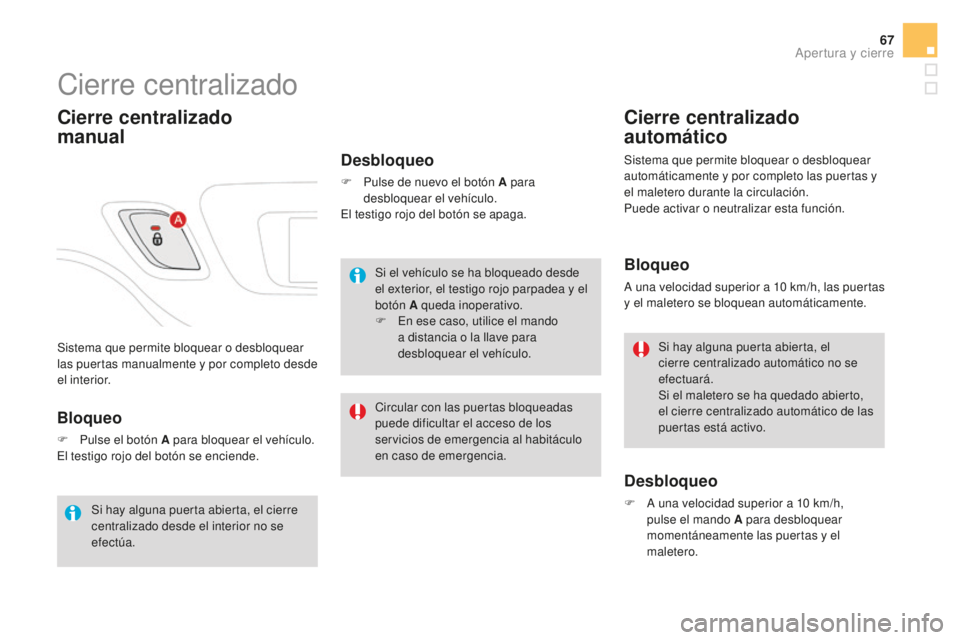 CITROEN DS3 2017 Manuales de Empleo (in Spanish) 67
DS3_es_Chap02_ouvertures_ed02-2015
Sistema que permite bloquear o desbloquear
las puertas manualmente y por completo desde
el interior.
Cierre centralizado
Cierre centralizado
manual
Desbloqueo CITROEN DS3 2017 Manuales de Empleo (in Spanish) 67
DS3_es_Chap02_ouvertures_ed02-2015
Sistema que permite bloquear o desbloquear
las puertas manualmente y por completo desde
el interior.
Cierre centralizado
Cierre centralizado
manual
Desbloqueo