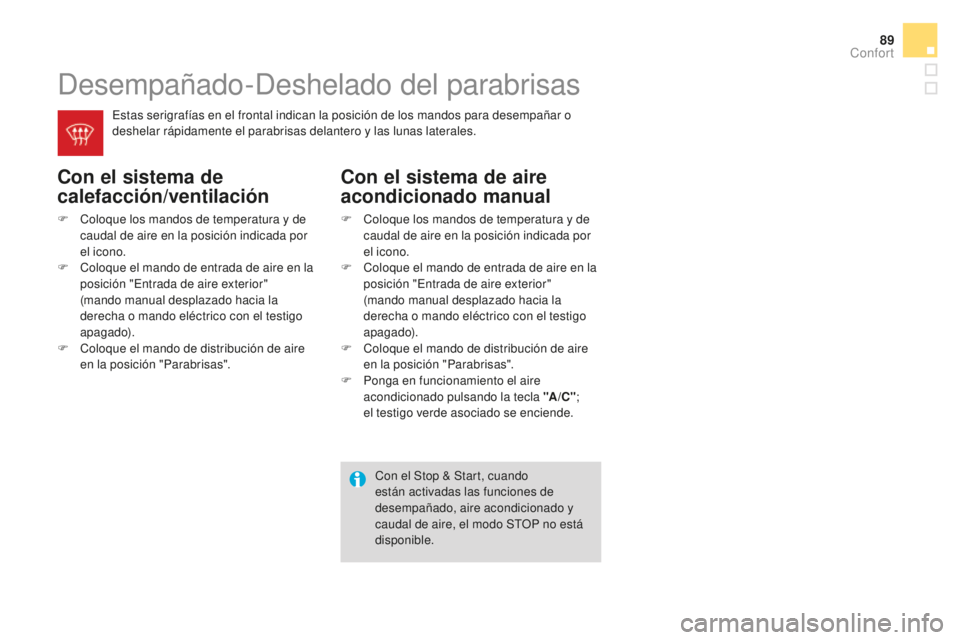 CITROEN DS3 2017 Manuales de Empleo (in Spanish) 89
DS3_es_Chap03_confort_ed02-2015
Desempañado-Deshelado del parabrisas
Con el sistema de
calefacción/ventilación
F Coloque los mandos de temperatura y de caudal de aire en la posición indicada p CITROEN DS3 2017 Manuales de Empleo (in Spanish) 89
DS3_es_Chap03_confort_ed02-2015
Desempañado-Deshelado del parabrisas
Con el sistema de
calefacción/ventilación
F Coloque los mandos de temperatura y de caudal de aire en la posición indicada p