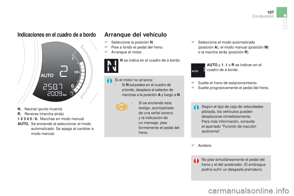 CITROEN DS3 2016 Manuales de Empleo (in Spanish) 107
DS3_es_Chap04_conduite_ed01-2015
Indicaciones en el cuadro de a bordo
N. Neutral (punto muerto)
R.
R everse (marcha atrás)
1
2 3 4 5 / 6. Marchas en modo manual
AUTO.
S
e en CITROEN DS3 2016 Manuales de Empleo (in Spanish) 107
DS3_es_Chap04_conduite_ed01-2015
Indicaciones en el cuadro de a bordo
N. Neutral (punto muerto)
R.
R everse (marcha atrás)
1
2 3 4 5 / 6. Marchas en modo manual
AUTO.
S
e en
