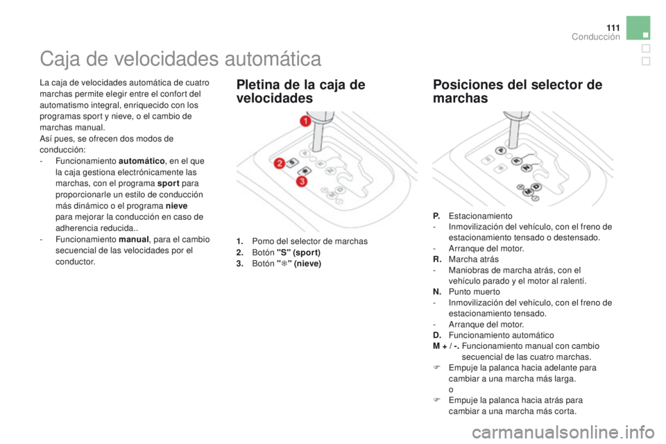 CITROEN DS3 2016 Manuales de Empleo (in Spanish) 111
DS3_es_Chap04_conduite_ed01-2015
La caja de velocidades automática de cuatro
marchas permite elegir entre el confort del
automatismo integral, enriquecido con los
programas sport y nieve, o el CITROEN DS3 2016 Manuales de Empleo (in Spanish) 111
DS3_es_Chap04_conduite_ed01-2015
La caja de velocidades automática de cuatro
marchas permite elegir entre el confort del
automatismo integral, enriquecido con los
programas sport y nieve, o el