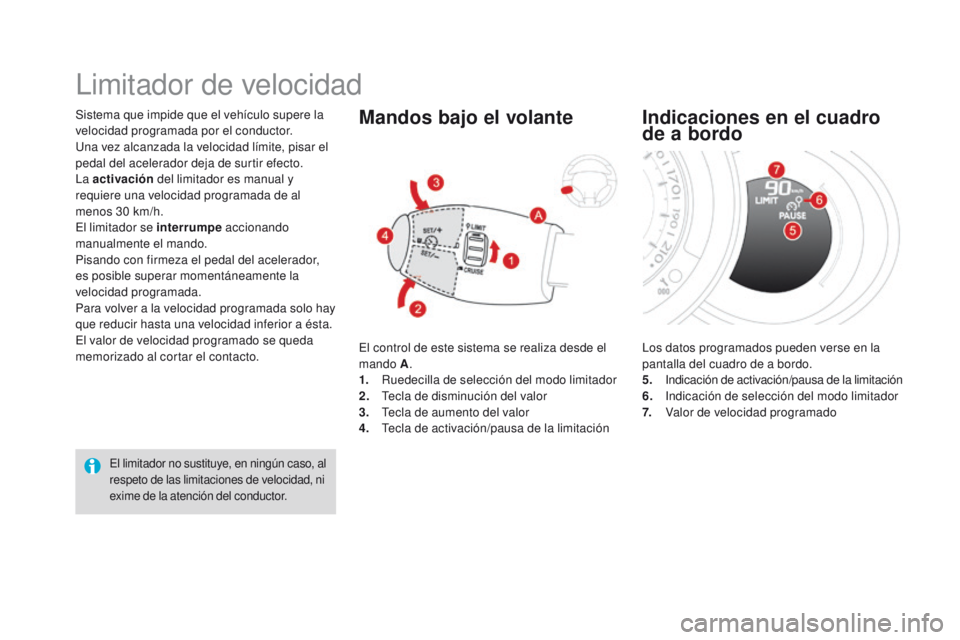 CITROEN DS3 2016 Manuales de Empleo (in Spanish) DS3_es_Chap04_conduite_ed01-2015
Sistema que impide que el vehículo supere la
velocidad programada por el conductor.
Una vez alcanzada la velocidad límite, pisar el
pedal del acelerador deja de su CITROEN DS3 2016 Manuales de Empleo (in Spanish) DS3_es_Chap04_conduite_ed01-2015
Sistema que impide que el vehículo supere la
velocidad programada por el conductor.
Una vez alcanzada la velocidad límite, pisar el
pedal del acelerador deja de su