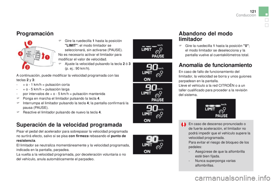 CITROEN DS3 2016 Manuales de Empleo (in Spanish) 121
DS3_es_Chap04_conduite_ed01-2015
F Gire la ruedecilla 1 hasta la posición
"LIMIT" : el modo limitador se
seleccionará, sin activarse (PAUSE).
No es necesario activar el limitador para CITROEN DS3 2016 Manuales de Empleo (in Spanish) 121
DS3_es_Chap04_conduite_ed01-2015
F Gire la ruedecilla 1 hasta la posición
"LIMIT" : el modo limitador se
seleccionará, sin activarse (PAUSE).
No es necesario activar el limitador para