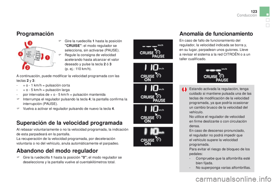 CITROEN DS3 2016 Manuales de Empleo (in Spanish) 123
DS3_es_Chap04_conduite_ed01-2015
Programación
F Gire la ruedecilla 1 hasta la posición
"CRUISE" : el modo regulador se
selecciona, sin activarse (PAUSE).
F
R
egule la consigna de v CITROEN DS3 2016 Manuales de Empleo (in Spanish) 123
DS3_es_Chap04_conduite_ed01-2015
Programación
F Gire la ruedecilla 1 hasta la posición
"CRUISE" : el modo regulador se
selecciona, sin activarse (PAUSE).
F
R
egule la consigna de v