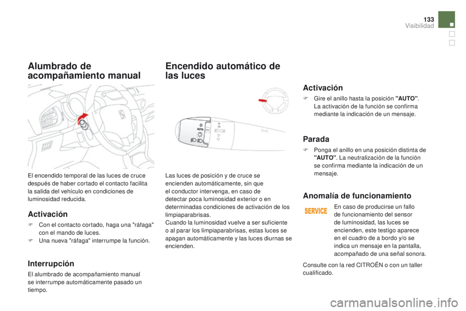 CITROEN DS3 2016 Manuales de Empleo (in Spanish) 133
DS3_es_Chap05_visibilite_ed01-2015
El encendido temporal de las luces de cruce
después de haber cortado el contacto facilita
la salida del vehículo en condiciones de
luminosidad reducida.
Act CITROEN DS3 2016 Manuales de Empleo (in Spanish) 133
DS3_es_Chap05_visibilite_ed01-2015
El encendido temporal de las luces de cruce
después de haber cortado el contacto facilita
la salida del vehículo en condiciones de
luminosidad reducida.
Act