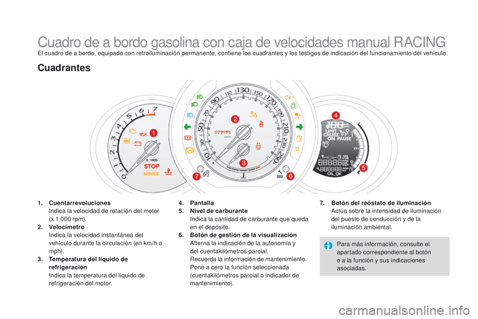 CITROEN DS3 2016  Manuales de Empleo (in Spanish) DS3_es_Chap01_controle-de-marche_ed01-2015
Cuadro de a bordo gasolina con caja de velocidades manual RACINGEl cuadro de a bordo, equipado con retroiluminación permanente, contiene los cuadrantes y lo