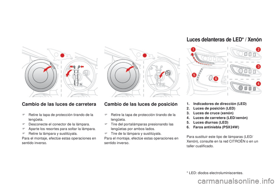 CITROEN DS3 2016  Manuales de Empleo (in Spanish) DS3_es_Chap08_info-pratiques_ed01-2015
Cambio de las luces de carreteraCambio de las luces de posición
F Retire la tapa de protección tirando de la 
lengüeta.
F
 
D
 esconecte el conector de la lá