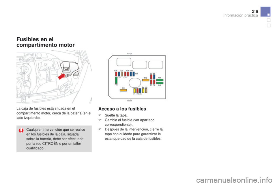 CITROEN DS3 2016  Manuales de Empleo (in Spanish) 219
DS3_es_Chap08_info-pratiques_ed01-2015
Fusibles en el 
compartimento motor
La caja de fusibles está situada en el 
compartimento motor, cerca de la batería (en el 
lado izquierdo).Acceso a los f