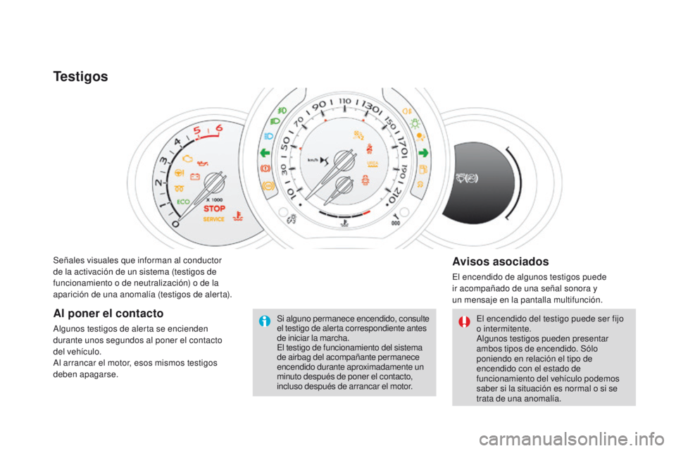 CITROEN DS3 2016  Manuales de Empleo (in Spanish) DS3_es_Chap01_controle-de-marche_ed01-2015
Señales visuales que informan al conductor 
de la activación de un sistema (testigos de 
funcionamiento o de neutralización) o de la 
aparición de una an