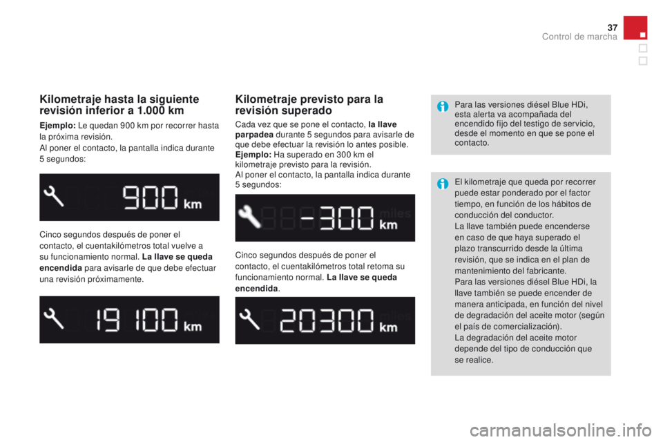 CITROEN DS3 2016 Manuales de Empleo (in Spanish) 37
DS3_es_Chap01_controle-de-marche_ed01-2015
Kilometraje hasta la siguiente
revisión inferior a 1.000 km
Ejemplo: Le quedan 900 km por recorrer hasta
la próxima revisión.
Al poner el contacto CITROEN DS3 2016 Manuales de Empleo (in Spanish) 37
DS3_es_Chap01_controle-de-marche_ed01-2015
Kilometraje hasta la siguiente
revisión inferior a 1.000 km
Ejemplo: Le quedan 900 km por recorrer hasta
la próxima revisión.
Al poner el contacto