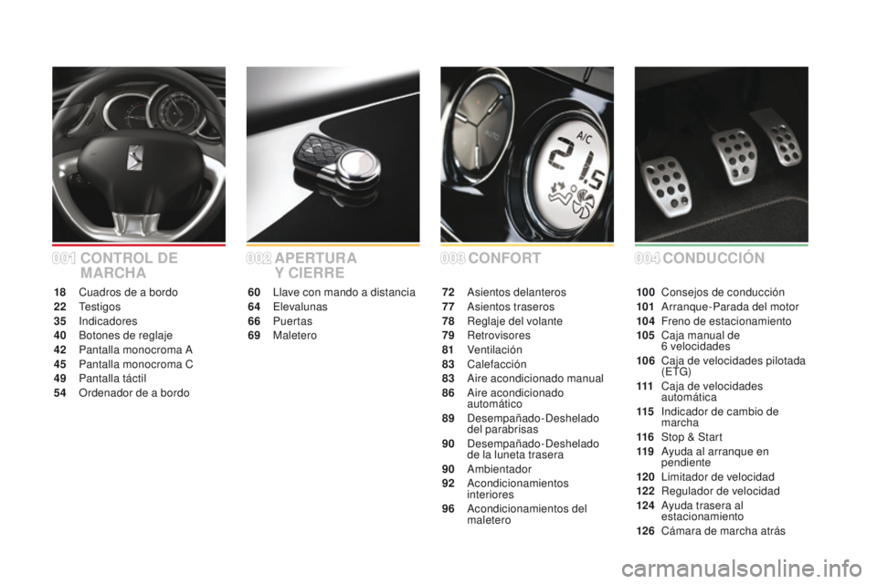 CITROEN DS3 2016 Manuales de Empleo (in Spanish) DS3_es_Chap00a_sommaire_ed01-2015
CONFORT
APERTUR A
Y CIERRE
60 Llave con mando a distancia
64
Elevalunas
66
Pu
ertas
69
Maletero 72 A
sientos delanteros
77 A sientos traseros
78
R
eglaje del CITROEN DS3 2016 Manuales de Empleo (in Spanish) DS3_es_Chap00a_sommaire_ed01-2015
CONFORT
APERTUR A
Y CIERRE
60 Llave con mando a distancia
64
Elevalunas
66
Pu
ertas
69
Maletero 72 A
sientos delanteros
77 A sientos traseros
78
R
eglaje del