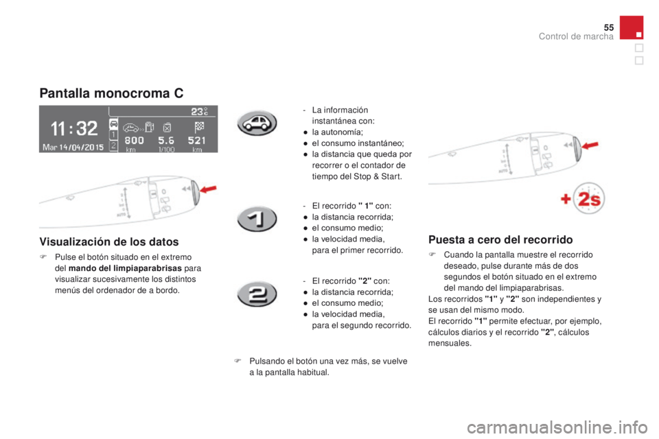 CITROEN DS3 2016 Manuales de Empleo (in Spanish) 55
DS3_es_Chap01_controle-de-marche_ed01-2015
Pantalla monocroma C
Visualización de los datos
F Pulse el botón situado en el extremo del mando del limpiaparabrisas para
visualizar sucesivamente lo CITROEN DS3 2016 Manuales de Empleo (in Spanish) 55
DS3_es_Chap01_controle-de-marche_ed01-2015
Pantalla monocroma C
Visualización de los datos
F Pulse el botón situado en el extremo del mando del limpiaparabrisas para
visualizar sucesivamente lo