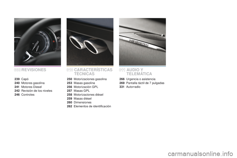 CITROEN DS3 2016  Manuales de Empleo (in Spanish) DS3_es_Chap00a_sommaire_ed01-2015
REVISIONESCAR ACTERÍSTICAS 
TÉCNICASAUDIO Y 
T E L E M ÁT I C A
239 
Capó
240 M otores gasolina
241
 M

otores Diesel
242
 R

evisión de los niveles
246
 C

ontr