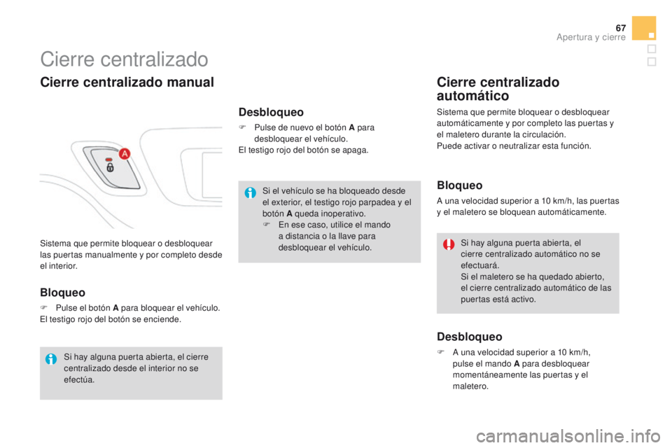 CITROEN DS3 2016 Manuales de Empleo (in Spanish) 67
DS3_es_Chap02_ouvertures_ed01-2015
Sistema que permite bloquear o desbloquear
las puertas manualmente y por completo desde
el interior.
Cierre centralizado
Cierre centralizado manual
Desbloqueo
F CITROEN DS3 2016 Manuales de Empleo (in Spanish) 67
DS3_es_Chap02_ouvertures_ed01-2015
Sistema que permite bloquear o desbloquear
las puertas manualmente y por completo desde
el interior.
Cierre centralizado
Cierre centralizado manual
Desbloqueo
F