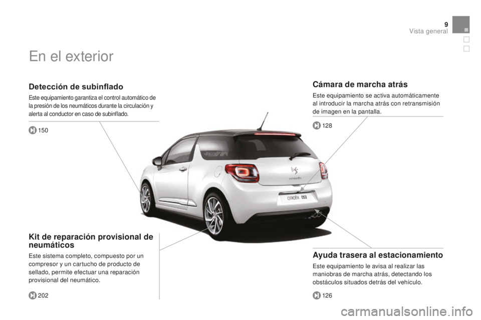 CITROEN DS3 2015  Manuales de Empleo (in Spanish) 9
DS3_es_Chap00b_vue-ensemble_ed01-2014
Detección de subinflado
este equipamiento garantiza el control automático de 
la presión de los neumáticos durante la circulación y 
alerta al conductor en