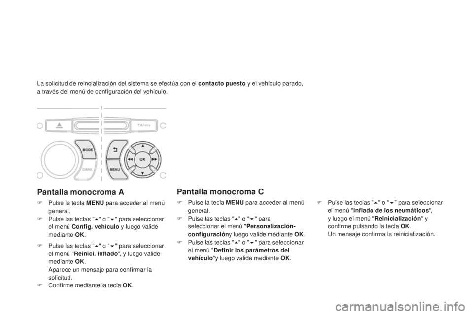 CITROEN DS3 2015  Manuales de Empleo (in Spanish) la solicitud de reincialización del sistema se efectúa con el contacto puesto y el vehículo parado, 
a través del menú de configuración del vehículo.
Pantalla monocroma A
F Pulse la tecla MENU 