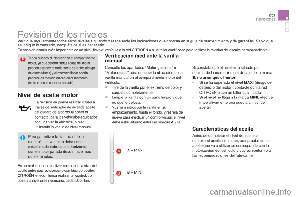 CITROEN DS3 2015 Manuales de Empleo (in Spanish) 251
DS3_es_Chap11_verifications_ed01-2014
Revisión de los nivelesVerifique regularmente todos estos niveles siguiendo y respetando las indicaciones que constan en la guía de mantenimiento y de garan CITROEN DS3 2015 Manuales de Empleo (in Spanish) 251
DS3_es_Chap11_verifications_ed01-2014
Revisión de los nivelesVerifique regularmente todos estos niveles siguiendo y respetando las indicaciones que constan en la guía de mantenimiento y de garan