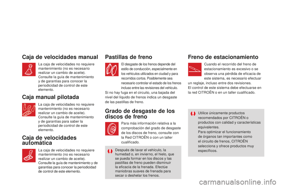 CITROEN DS3 2015 Manuales de Empleo (in Spanish) DS3_es_Chap11_verifications_ed01-2014
Caja de velocidades manual
Caja de velocidades
automáticaPastillas de freno
el desgaste de los frenos depende del
estilo de conducción, especialmente en
los CITROEN DS3 2015 Manuales de Empleo (in Spanish) DS3_es_Chap11_verifications_ed01-2014
Caja de velocidades manual
Caja de velocidades
automáticaPastillas de freno
el desgaste de los frenos depende del
estilo de conducción, especialmente en
los