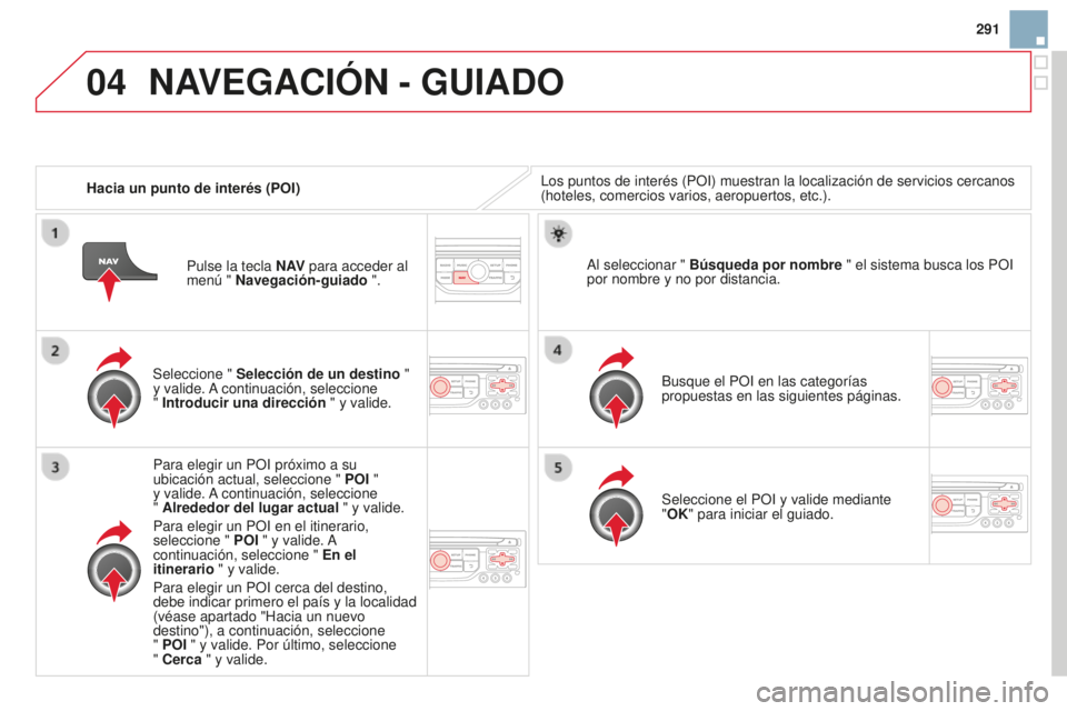 CITROEN DS3 2015  Manuales de Empleo (in Spanish) 04
291
DS3_es_Chap13b_Rt6-2-8_ed01-2014
Hacia un punto de interés (POI)l os puntos de interés (PO i ) muestran la localización de servicios cercanos 
(hoteles, comercios varios, aeropuertos, etc.).