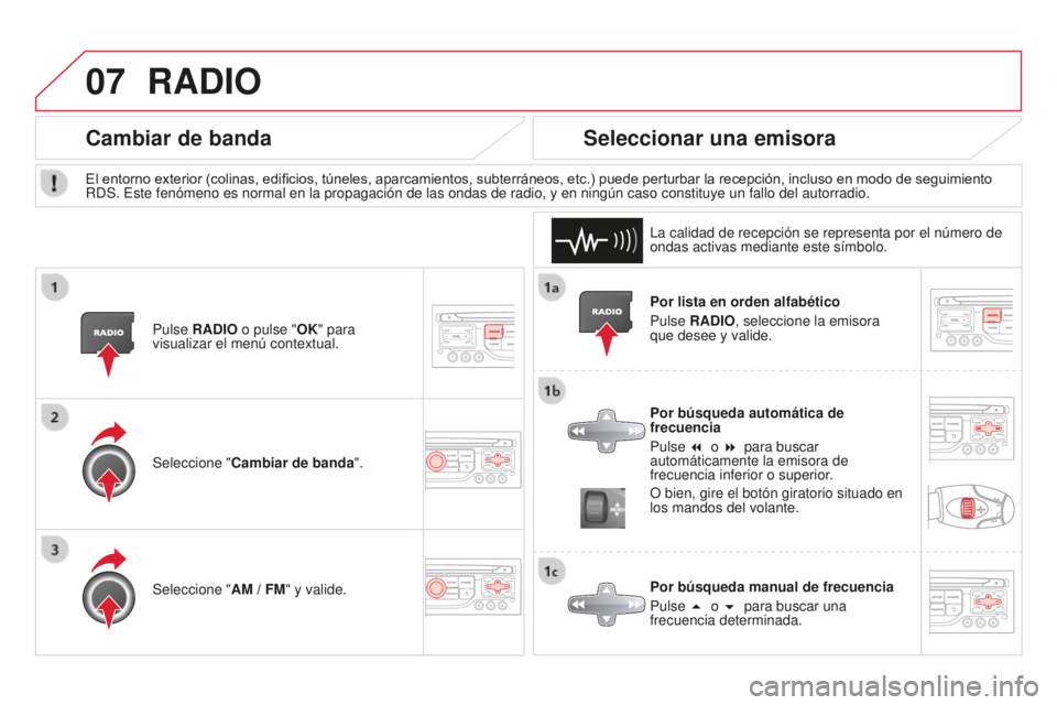 CITROEN DS3 2015  Manuales de Empleo (in Spanish) 07
DS3_es_Chap13b_Rt6-2-8_ed01-2014
Por lista en orden alfabético
Pulse RADIO, seleccione la emisora 
que desee y valide.
Por búsqueda automática de 
frecuencia
Pulse 7 o 8 para buscar 
automá