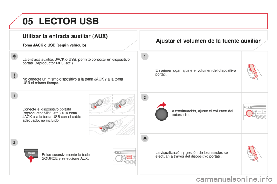 CITROEN DS3 2015  Manuales de Empleo (in Spanish) 05
DS3_es_Chap13c_RD45_ed01_2014
la visualización y gestión de los mandos se 
efectúan a través del dispositivo portátil.
e
 n primer lugar, ajuste el volumen del dispositivo 
portátil.
a contin