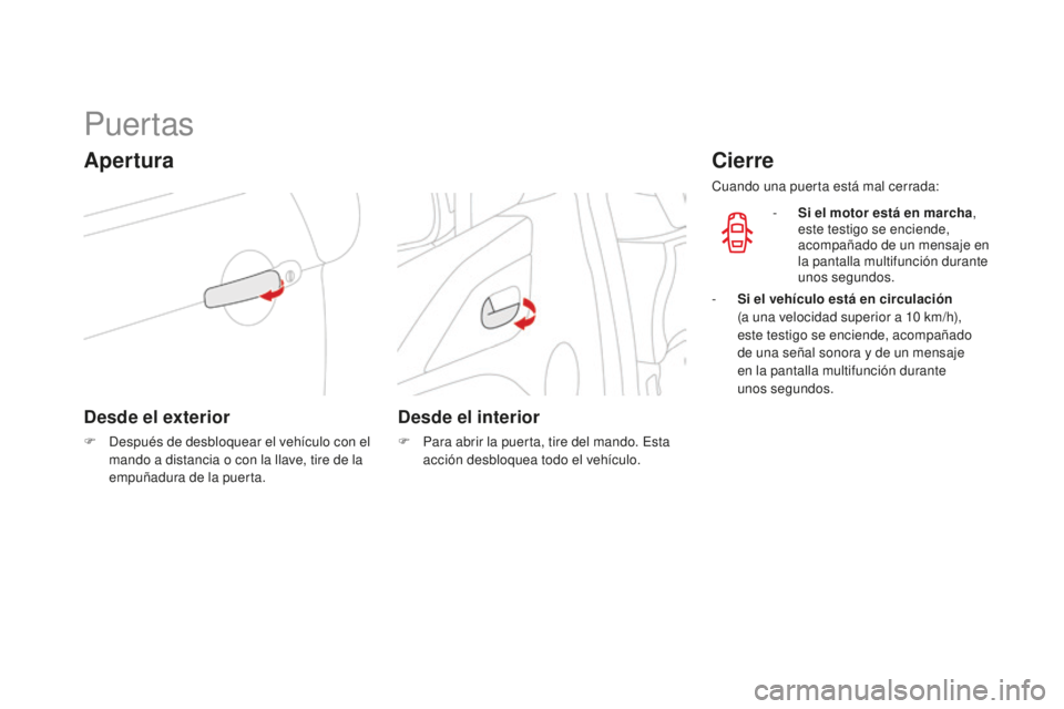 CITROEN DS3 2015  Manuales de Empleo (in Spanish) DS3_es_Chap03_ouvertures_ed01-2014
Puertas
Apertura
Desde el exterior
F Después de desbloquear el vehículo con el mando a distancia o con la llave, tire de la 
empuñadura de la puerta.
Desde el int