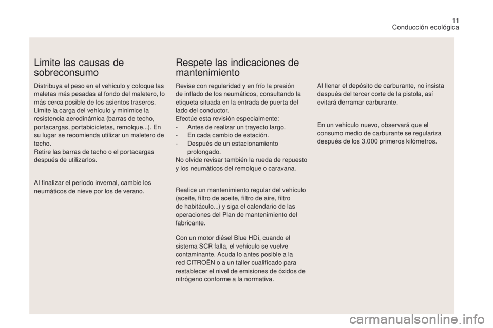 CITROEN DS4 2017 Manuales de Empleo (in Spanish) 11
DS4_es_Chap00c_eco-conduite_ed01-2016
Limite las causas de
sobreconsumo
Distribuya el peso en el vehículo y coloque las
maletas más pesadas al fondo del maletero, lo
más cerca posible de los CITROEN DS4 2017 Manuales de Empleo (in Spanish) 11
DS4_es_Chap00c_eco-conduite_ed01-2016
Limite las causas de
sobreconsumo
Distribuya el peso en el vehículo y coloque las
maletas más pesadas al fondo del maletero, lo
más cerca posible de los