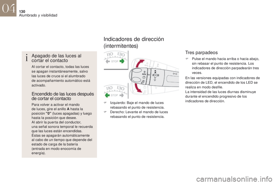 CITROEN DS4 2017 Manuales de Empleo (in Spanish) 130
DS4_es_Chap04_eclairage-et-visibilite_ed01-2016
Apagado de las luces al
cortar el contacto
Al cortar el contacto, todas las luces
se apagan instantáneamente, salvo
las luces de cruce si el alu CITROEN DS4 2017 Manuales de Empleo (in Spanish) 130
DS4_es_Chap04_eclairage-et-visibilite_ed01-2016
Apagado de las luces al
cortar el contacto
Al cortar el contacto, todas las luces
se apagan instantáneamente, salvo
las luces de cruce si el alu