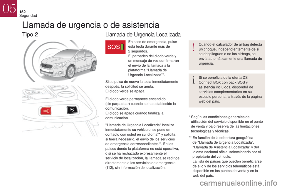 CITROEN DS4 2017 Manuales de Empleo (in Spanish) 152
Cuando el calculador de airbag detecta
un choque, independientemente de si
se desplieguen o no los airbags, se
envía automáticamente una llamada de
urgencia.
Si se beneficia de la oferta DS CITROEN DS4 2017 Manuales de Empleo (in Spanish) 152
Cuando el calculador de airbag detecta
un choque, independientemente de si
se desplieguen o no los airbags, se
envía automáticamente una llamada de
urgencia.
Si se beneficia de la oferta DS