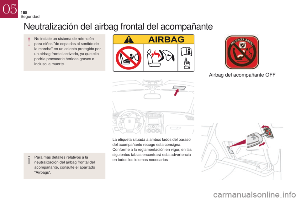 CITROEN DS4 2017  Manuales de Empleo (in Spanish) 168
La etiqueta situada a ambos lados del parasol 
del acompañante recoge esta consigna. 
Conforme a la reglamentación en vigor, en las 
siguientes tablas encontrará esta advertencia 
en todos los 