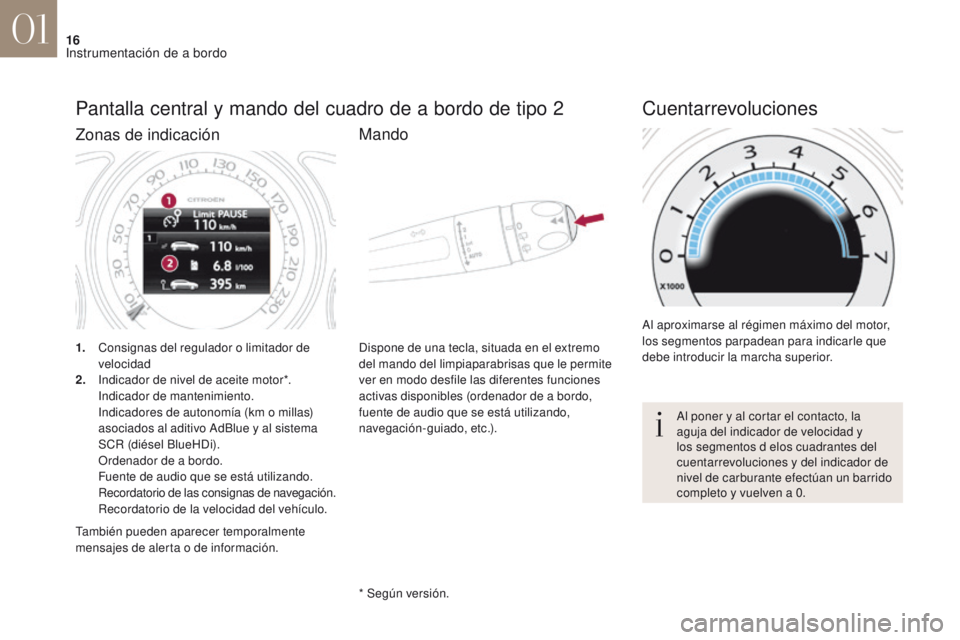 CITROEN DS4 2017 Manuales de Empleo (in Spanish) 16
DS4_es_Chap01_instruments-de-bord_ed01-2016
Pantalla central y mando del cuadro de a bordo de tipo 2
1. Consignas del regulador o limitador de velocidad
2.
I
ndicador de nivel de aceite motor*.
CITROEN DS4 2017 Manuales de Empleo (in Spanish) 16
DS4_es_Chap01_instruments-de-bord_ed01-2016
Pantalla central y mando del cuadro de a bordo de tipo 2
1. Consignas del regulador o limitador de velocidad
2.
I
ndicador de nivel de aceite motor*.