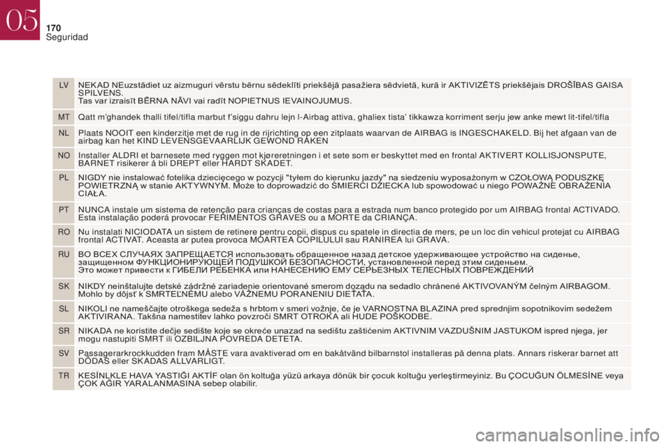 CITROEN DS4 2017 Manuales de Empleo (in Spanish) LVNEK AD NEuzstādiet uz aizmuguri vērstu bērnu sēdeklīti priekšējā pasažiera sēdvietā, kurā ir AKTIVIZĒTS priekšējais DROŠĪBAS GAISA
S P I LV E N S .
Tas var izraisīt BĒRNA NĀVI v CITROEN DS4 2017 Manuales de Empleo (in Spanish) LVNEK AD NEuzstādiet uz aizmuguri vērstu bērnu sēdeklīti priekšējā pasažiera sēdvietā, kurā ir AKTIVIZĒTS priekšējais DROŠĪBAS GAISA
S P I LV E N S .
Tas var izraisīt BĒRNA NĀVI v