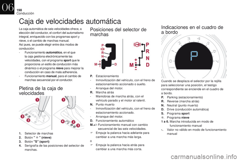 CITROEN DS4 2017  Manuales de Empleo (in Spanish) 198
DS4_es_Chap06_conduite_ed01-2016
Caja de velocidades automática
Pletina de la caja de 
velocidades
La caja automática de seis velocidades ofrece, a 
elección del conductor, el confort del autom