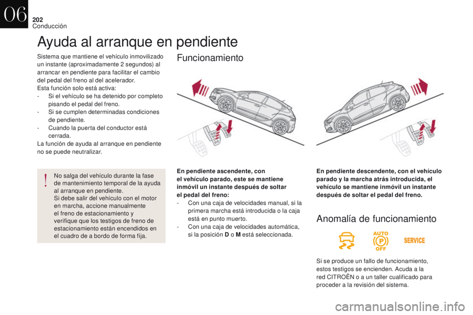 CITROEN DS4 2017 Manuales de Empleo (in Spanish) 202
DS4_es_Chap06_conduite_ed01-2016
Sistema que mantiene el vehículo inmovilizado
un instante (aproximadamente 2 segundos) al
arrancar en pendiente para facilitar el cambio
del pedal del freno a CITROEN DS4 2017 Manuales de Empleo (in Spanish) 202
DS4_es_Chap06_conduite_ed01-2016
Sistema que mantiene el vehículo inmovilizado
un instante (aproximadamente 2 segundos) al
arrancar en pendiente para facilitar el cambio
del pedal del freno a