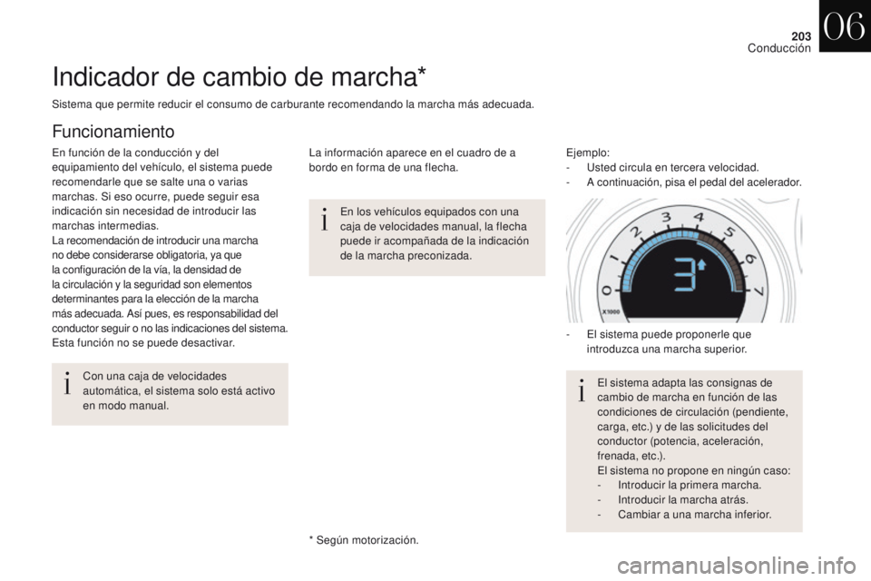 CITROEN DS4 2017 Manuales de Empleo (in Spanish) 203
DS4_es_Chap06_conduite_ed01-2016
Indicador de cambio de marcha*
En los vehículos equipados con una
caja de velocidades manual, la flecha
puede ir acompañada de la indicación
de la marcha pre CITROEN DS4 2017 Manuales de Empleo (in Spanish) 203
DS4_es_Chap06_conduite_ed01-2016
Indicador de cambio de marcha*
En los vehículos equipados con una
caja de velocidades manual, la flecha
puede ir acompañada de la indicación
de la marcha pre