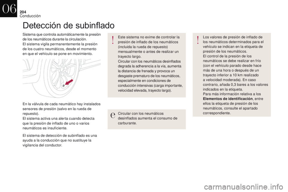 CITROEN DS4 2017 Manuales de Empleo (in Spanish) 204
DS4_es_Chap06_conduite_ed01-2016
Detección de subinflado
Sistema que controla automáticamente la presión
de los neumáticos durante la circulación.
El sistema vigila permanentemente la presi CITROEN DS4 2017 Manuales de Empleo (in Spanish) 204
DS4_es_Chap06_conduite_ed01-2016
Detección de subinflado
Sistema que controla automáticamente la presión
de los neumáticos durante la circulación.
El sistema vigila permanentemente la presi
