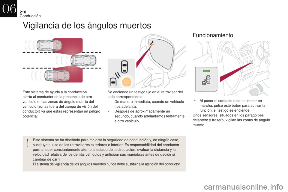 CITROEN DS4 2017  Manuales de Empleo (in Spanish) 210
DS4_es_Chap06_conduite_ed01-2016
Vigilancia de los ángulos muertos
Este sistema de ayuda a la conducción 
alerta al conductor de la presencia de otro 
vehículo en las zonas de ángulo muerto de