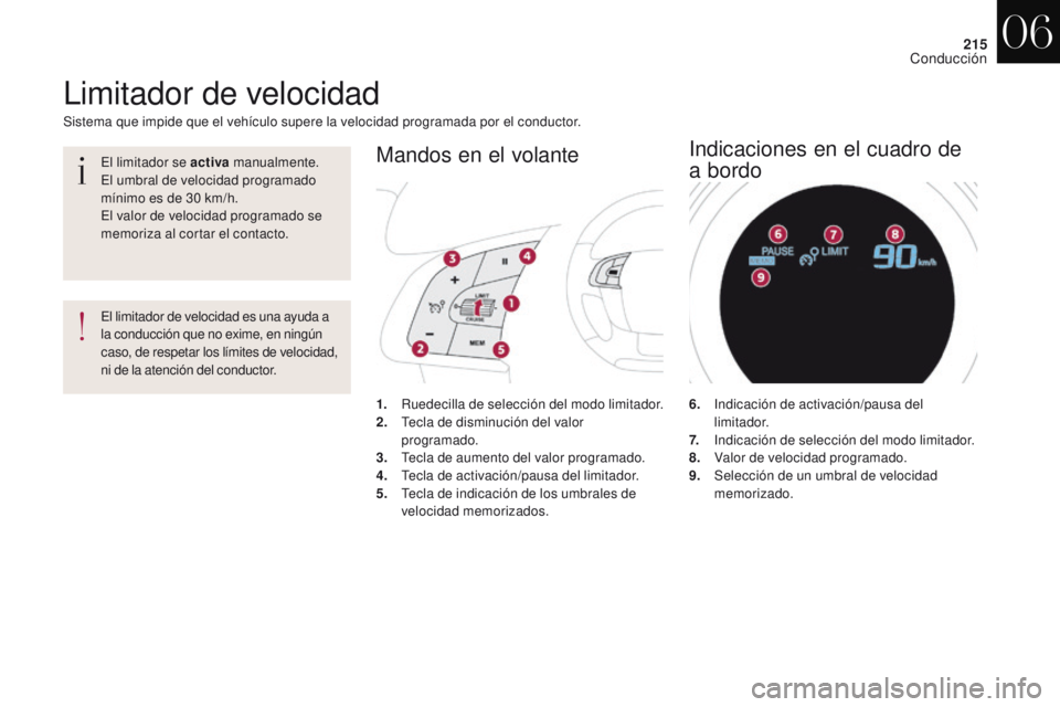 CITROEN DS4 2017  Manuales de Empleo (in Spanish) 215
DS4_es_Chap06_conduite_ed01-2016
Sistema que impide que el vehículo supere la velocidad programada por el conductor.
Limitador de velocidad
El limitador de velocidad es una ayuda a 
la conducció