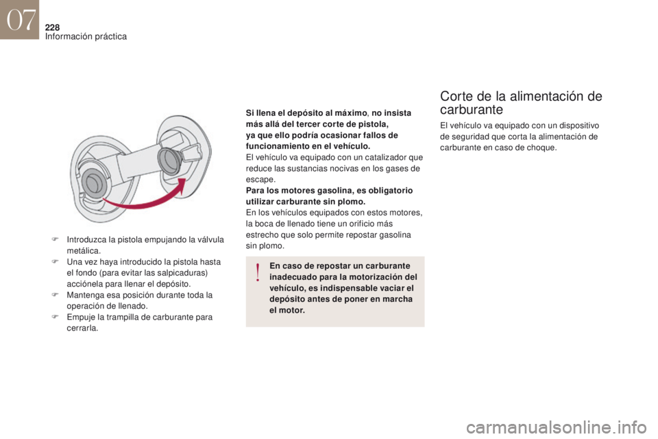 CITROEN DS4 2017  Manuales de Empleo (in Spanish) 228
En caso de repostar un carburante 
inadecuado para la motorización del 
vehículo, es indispensable vaciar el 
depósito antes de poner en marcha 
el motor.
Corte de la alimentación de 
carburan
