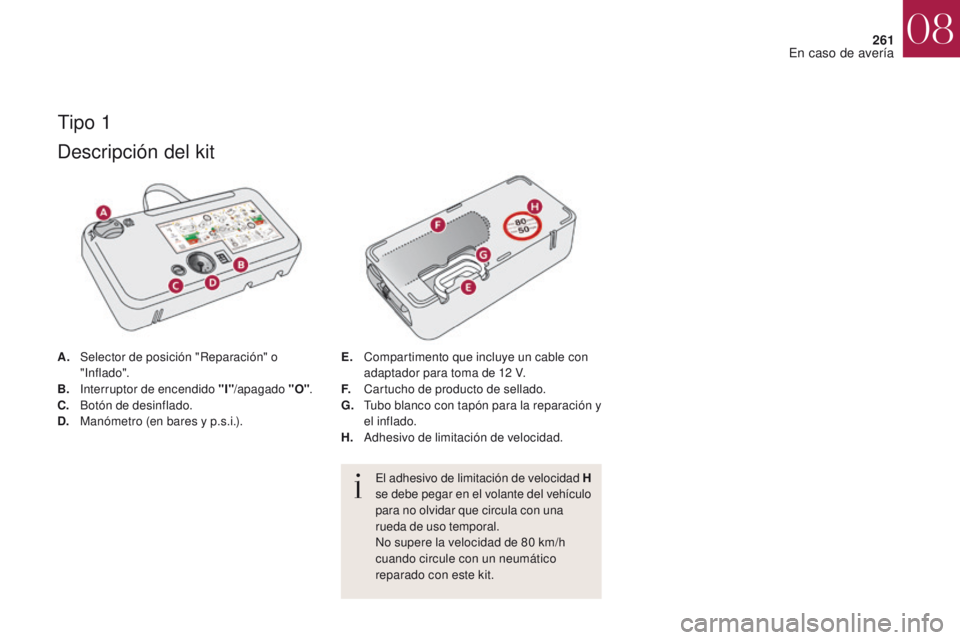 CITROEN DS4 2017  Manuales de Empleo (in Spanish) 261
DS4_es_Chap08_en-cas-de-panne_ed01-2016
El adhesivo de limitación de velocidad H  
se debe pegar en el volante del vehículo 
para no olvidar que circula con una 
rueda de uso temporal.
No supere