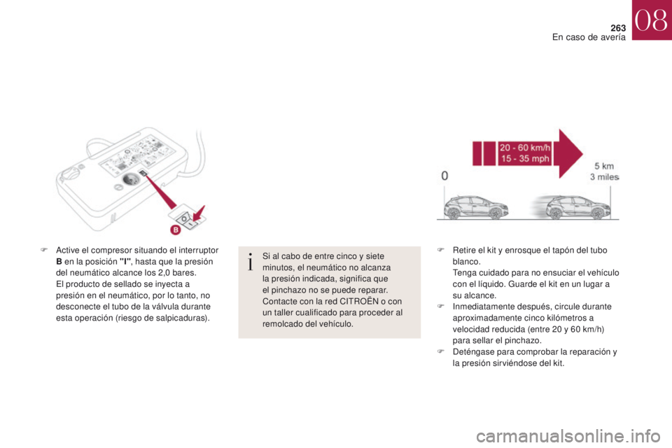 CITROEN DS4 2017  Manuales de Empleo (in Spanish) 263
DS4_es_Chap08_en-cas-de-panne_ed01-2016
F Active el compresor situando el interruptor B en la posición "I" , hasta que la presión 
del neumático alcance los 2,0
  bares.
 E

l producto 