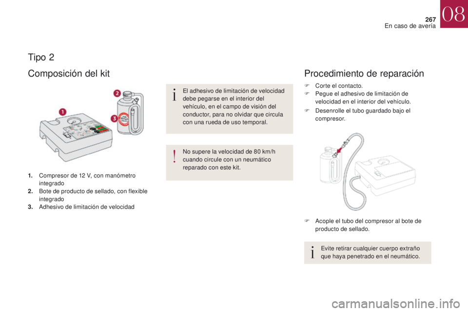 CITROEN DS4 2017  Manuales de Empleo (in Spanish) 267
DS4_es_Chap08_en-cas-de-panne_ed01-2016
Tipo 2
1. Compresor de 12  V, con manómetro 
integrado
2.
 B

ote de producto de sellado, con flexible 
integrado
3.
 A

dhesivo de limitación de velocida