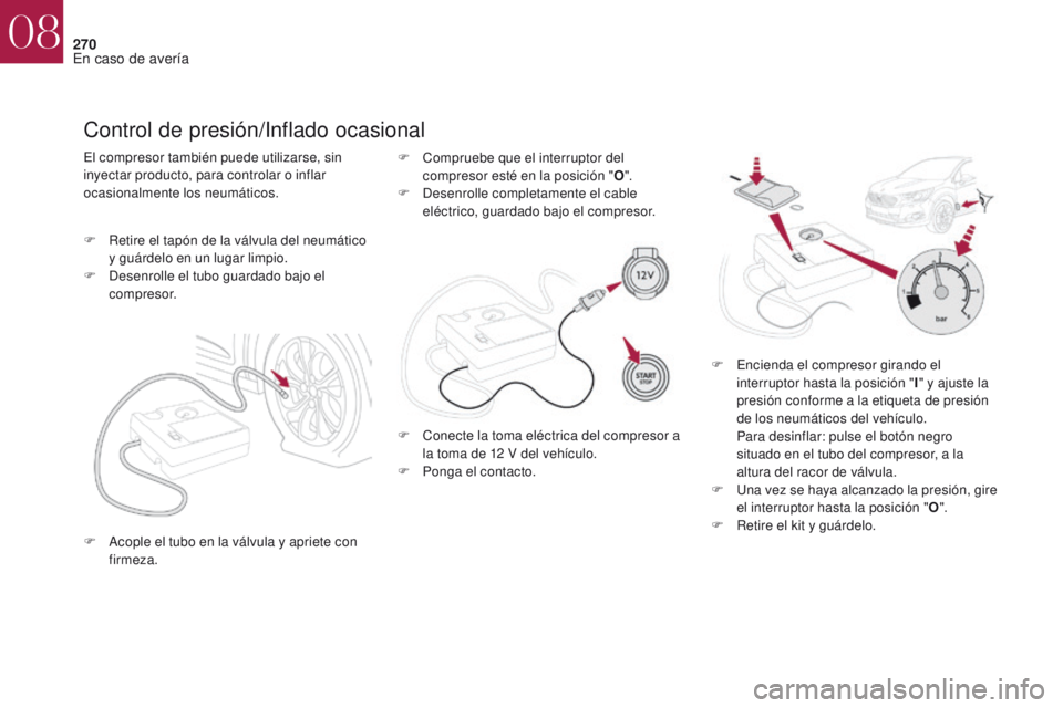 CITROEN DS4 2017  Manuales de Empleo (in Spanish) 270
DS4_es_Chap08_en-cas-de-panne_ed01-2016
Control de presión/Inflado ocasional
El compresor también puede utilizarse, sin 
inyectar producto, para controlar o inflar 
ocasionalmente los neumático