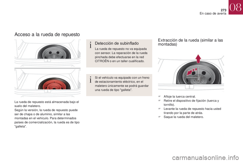 CITROEN DS4 2017  Manuales de Empleo (in Spanish) 273
DS4_es_Chap08_en-cas-de-panne_ed01-2016
La rueda de repuesto está almacenada bajo el 
suelo del maletero.
Según la versión, la rueda de repuesto puede 
ser de chapa o de aluminio, similar a las