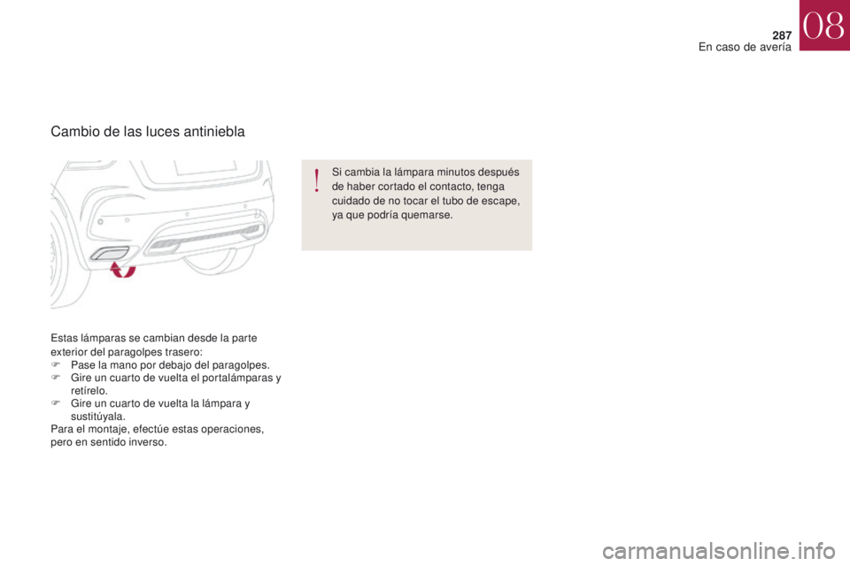 CITROEN DS4 2017  Manuales de Empleo (in Spanish) 287
DS4_es_Chap08_en-cas-de-panne_ed01-2016
Estas lámparas se cambian desde la parte 
exterior del paragolpes trasero:
F 
P
 ase la mano por debajo del paragolpes.
F
 
G
 ire un cuarto de vuelta el p